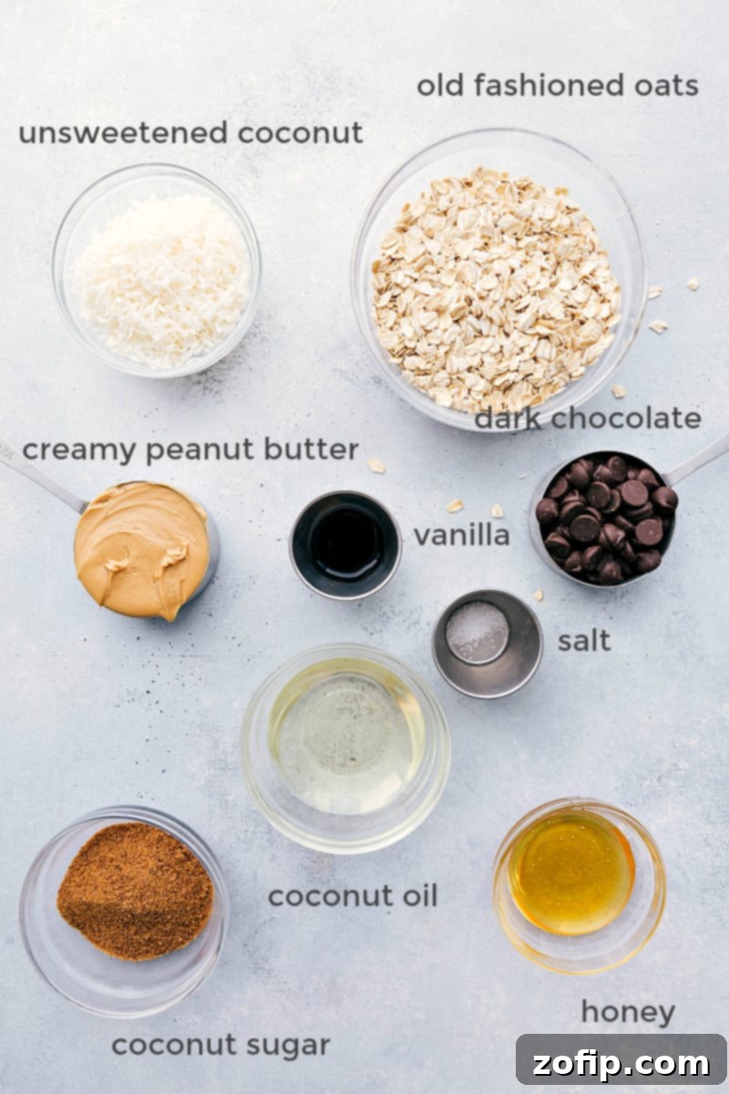The famous chocolate and peanut butter no-bake cookies can be made with better-for-you ingredients (no refined sugars). These easy Healthy No-Bake Cookies can be made in 15 minutes or less and are truly the best! Ingredients for Healthy No-Bake Cookies laid out on a table