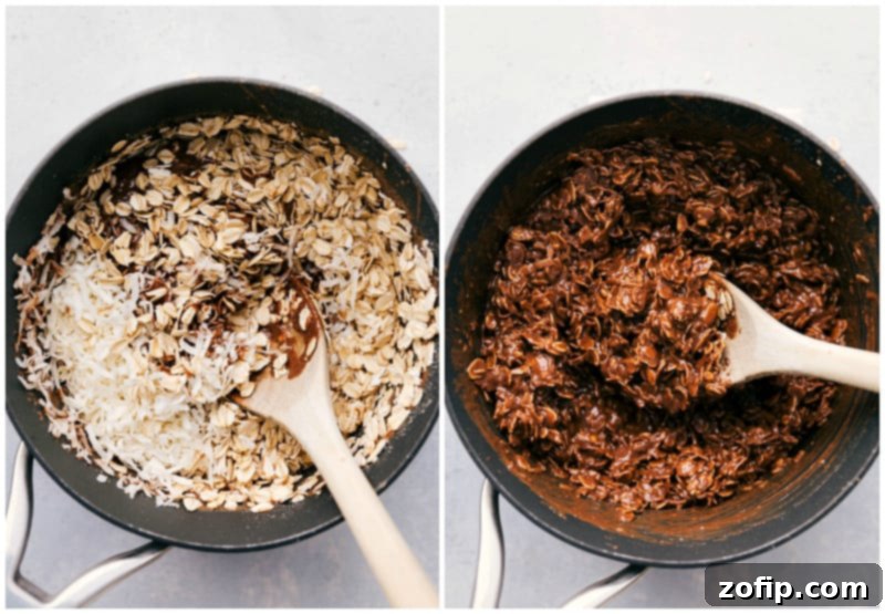 The famous chocolate and peanut butter no-bake cookies can be made with better-for-you ingredients (no refined sugars). These easy Healthy No-Bake Cookies can be made in 15 minutes or less and are truly the best! Adding in the oats to the pot for the no-bake cookies.