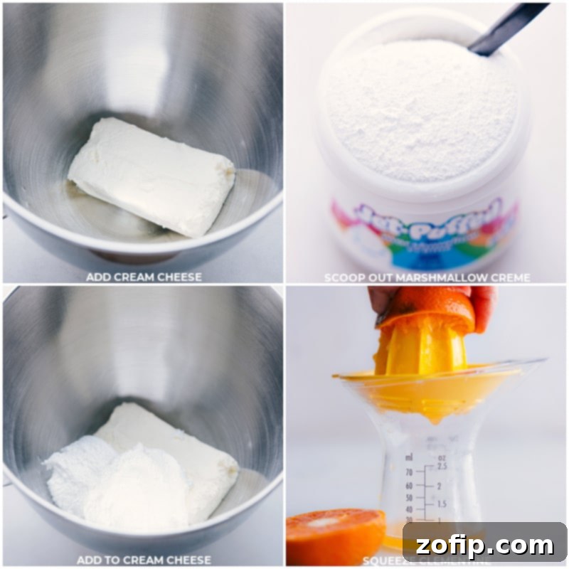 A sequence of process shots demonstrating how to prepare the fruit dip: A block of softened cream cheese in a mixing bowl, followed by marshmallow creme being scooped in, and finally, fresh clementine juice being poured into the ingredients, all ready for beating.