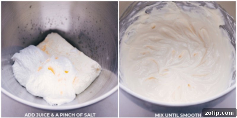 Close-up process shot of the creamy fruit dip being mixed in a bowl, showcasing its smooth and inviting texture with a whisk attachment visible, actively blending the ingredients to perfection.