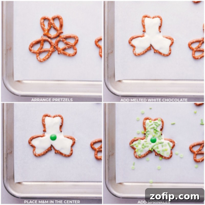 Lucky Pretzel Clovers 3 Step-by-step images showing pretzels arranged into a shamrock shape, melted white chocolate being drizzled, and green sprinkles added.