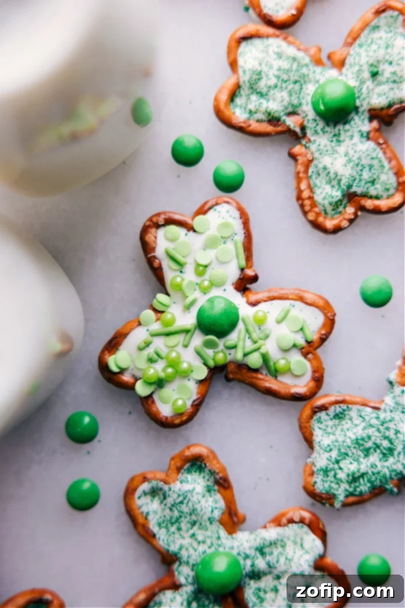 Lucky Pretzel Clovers 5 A close-up, overhead shot of a single Pretzel Shamrock, highlighting its intricate details and festive colors.