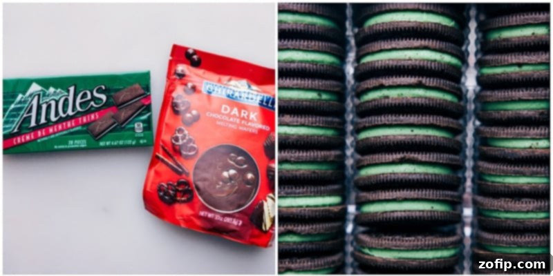 Close-up shot of key ingredients: a bag of Mint Oreos and high-quality chocolate melting wafers, ready for truffle making.