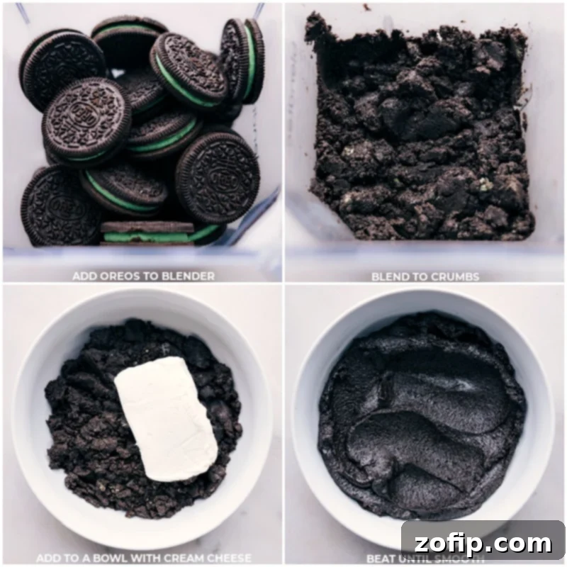 Two process shots: first, Mint Oreos being finely crushed in a food processor; second, crushed Oreos being combined with softened cream cheese in a bowl to form the truffle base.