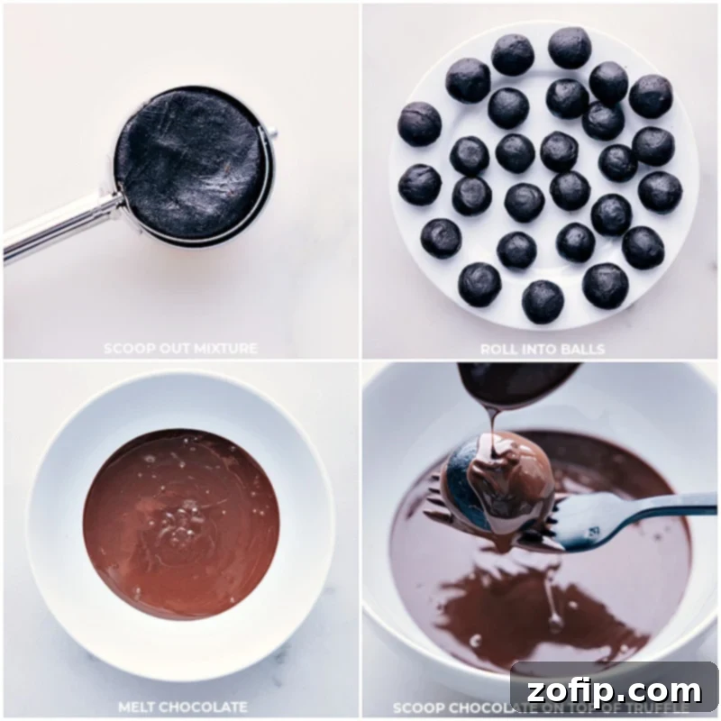 Two process shots: first, a Mint Oreo truffle being dipped into melted chocolate; second, a freshly coated truffle being placed onto a parchment-lined sheet.