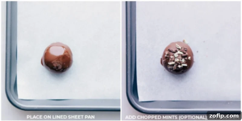 Close-up process shot of finely chopped Andes mints being sprinkled over freshly chocolate-dipped Mint Oreo Truffles.