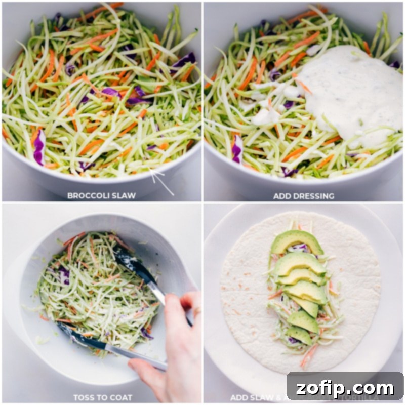 A step-by-step image of assembling buffalo chicken wraps, showing broccoli slaw being mixed with dressing and then layered into a flour tortilla.
