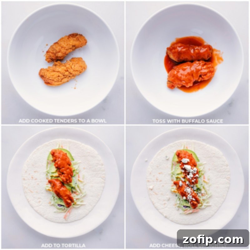 Crispy chicken pieces being coated in vibrant buffalo sauce, then layered into a tortilla along with other fresh ingredients for a buffalo chicken wrap.