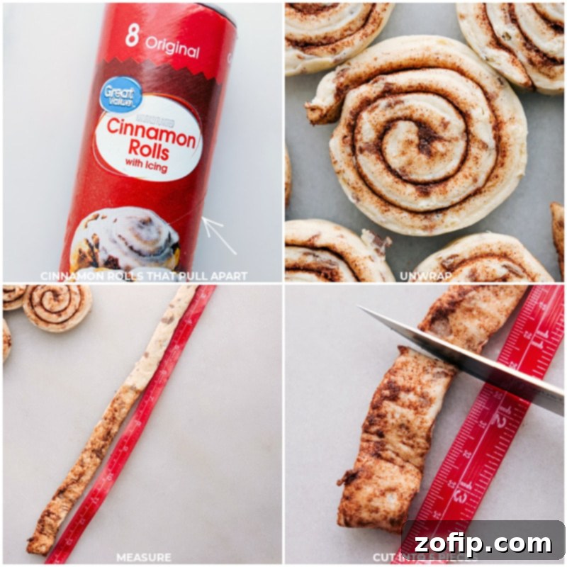 Step-by-step guide to shaping shamrock cinnamon rolls from refrigerated dough. Process steps for making Shamrock Cinnamon Rolls: showing pull-apart packaged cinnamon rolls, unwrapping each spiral of dough, and measuring and cutting each dough spiral into five equal pieces on a cutting board.