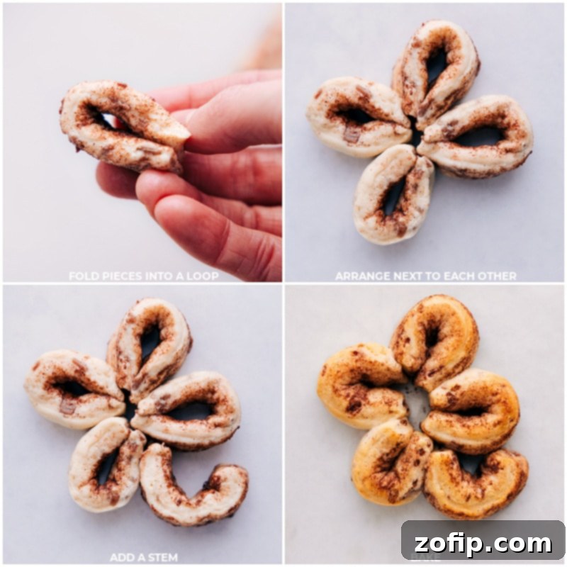 Shaping and baking instructions for festive shamrock cinnamon rolls. Process steps for forming and baking Shamrock Cinnamon Rolls: showing dough pieces being folded into loops, four loops arranged in a circle to form a clover, an added stem, and the assembled shamrocks placed on a baking sheet before baking.