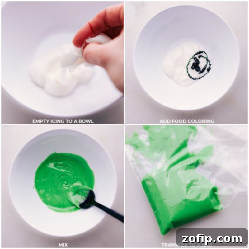 How to make green icing for St. Patrick's Day cinnamon rolls. Process steps for preparing green frosting for Shamrock Cinnamon Rolls: showing white icing emptied into a bowl, green food coloring being added, mixing the frosting to achieve a vibrant green color, and transferring the dyed icing into a plastic bag.