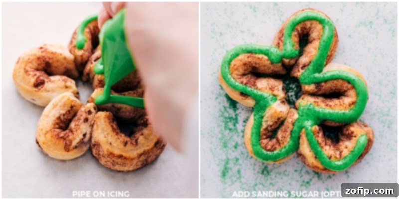Decorating shamrock cinnamon rolls with green icing and sanding sugar. Process shots of decorating Shamrock Cinnamon Rolls: showing piping green icing over the baked shamrock-shaped cinnamon rolls and optionally adding green sanding sugar for extra sparkle.