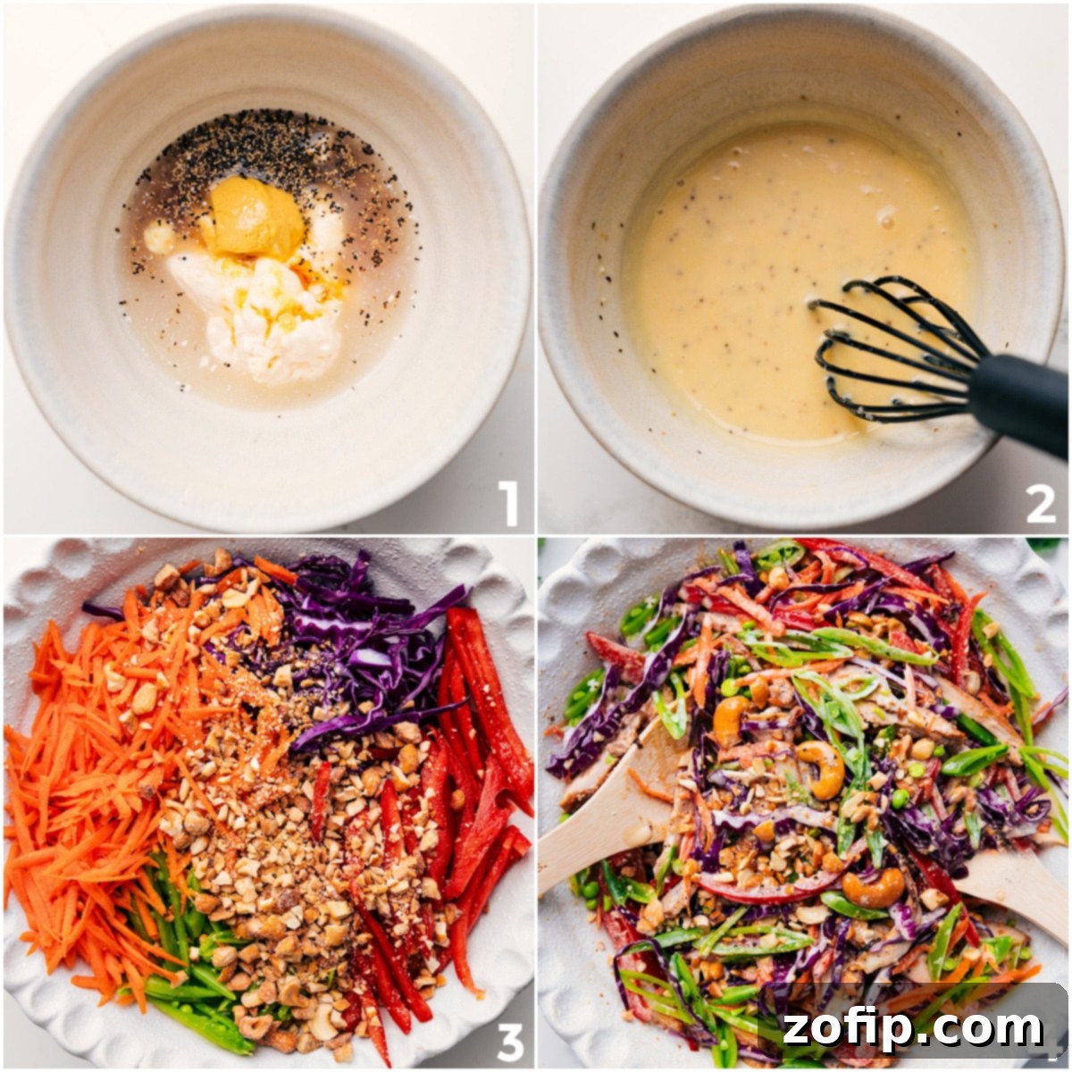 A visual guide showing the creamy sauce being whisked and the vibrant crunchy cashew slaw being tossed with dressing in a large mixing bowl, illustrating the preparation steps for Cashew Chicken Wraps.