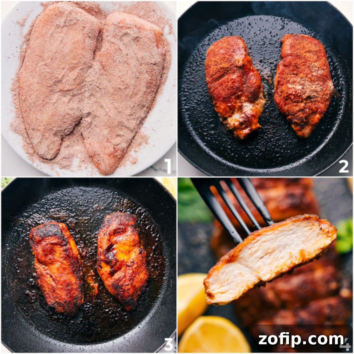 Boneless, skinless chicken breast being seasoned and seared in a cast iron pan before baking to perfection.