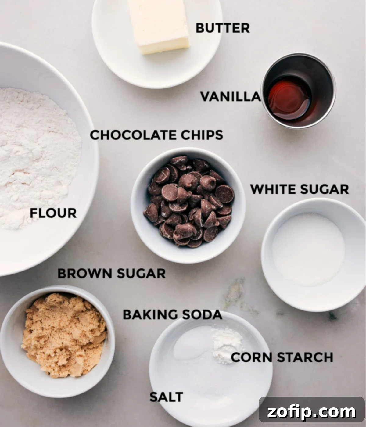 Ingredients In Single Serving Chocolate Chip Cookies All the ingredients in this recipe prepped out for easy assembly.