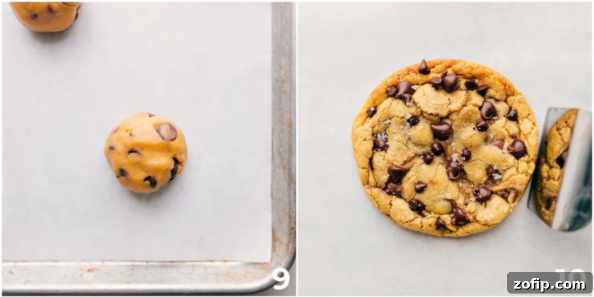 Baking Chocolate Chip Single Serve Cookies The dough ball being placed on a sheet pan and the single serve chocolate chip cookie being baked.