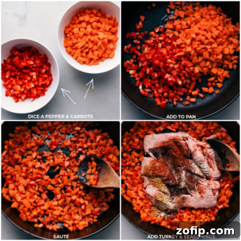 Easy Turkey Lettuce Wraps: A quick, healthy, and family-friendly meal perfect for busy weeknights. Recipe by chelseasmessyapron, ideal for clean eating. Step-by-step process of cooking Turkey Lettuce Wraps: images show finely diced bell peppers and carrots sautéing, followed by the addition of lean ground turkey and a blend of aromatic spices in a large skillet.