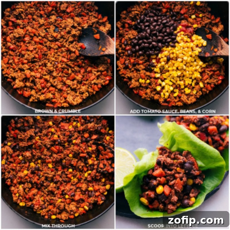 Flavorful Turkey Lettuce Wraps: Packed with lean protein, fresh vegetables, and savory spices for a satisfying and nourishing meal. A healthy, quick, and easy dinner idea. Continuing process shots of Turkey Lettuce Wraps showing tomato sauce, black beans, and corn being stirred into the seasoned ground turkey and vegetable mixture, simmering in a pan to create a rich filling.