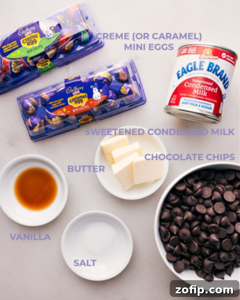 Ingredient shot - image of all the ingredients used in this Easter Fudge recipe laid out.