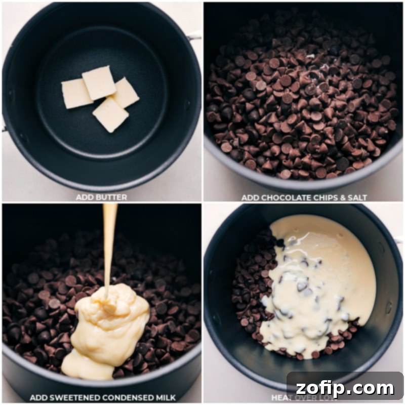 Process shots of Easter Chocolate Creme Egg Fudge - images of the butter, chocolate chips, salt, and sweetened condensed milk being added to a pot.