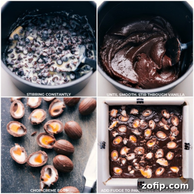 Process shots - images of the chocolate being mixed through and then the creme eggs being cut up and added to the fudge.