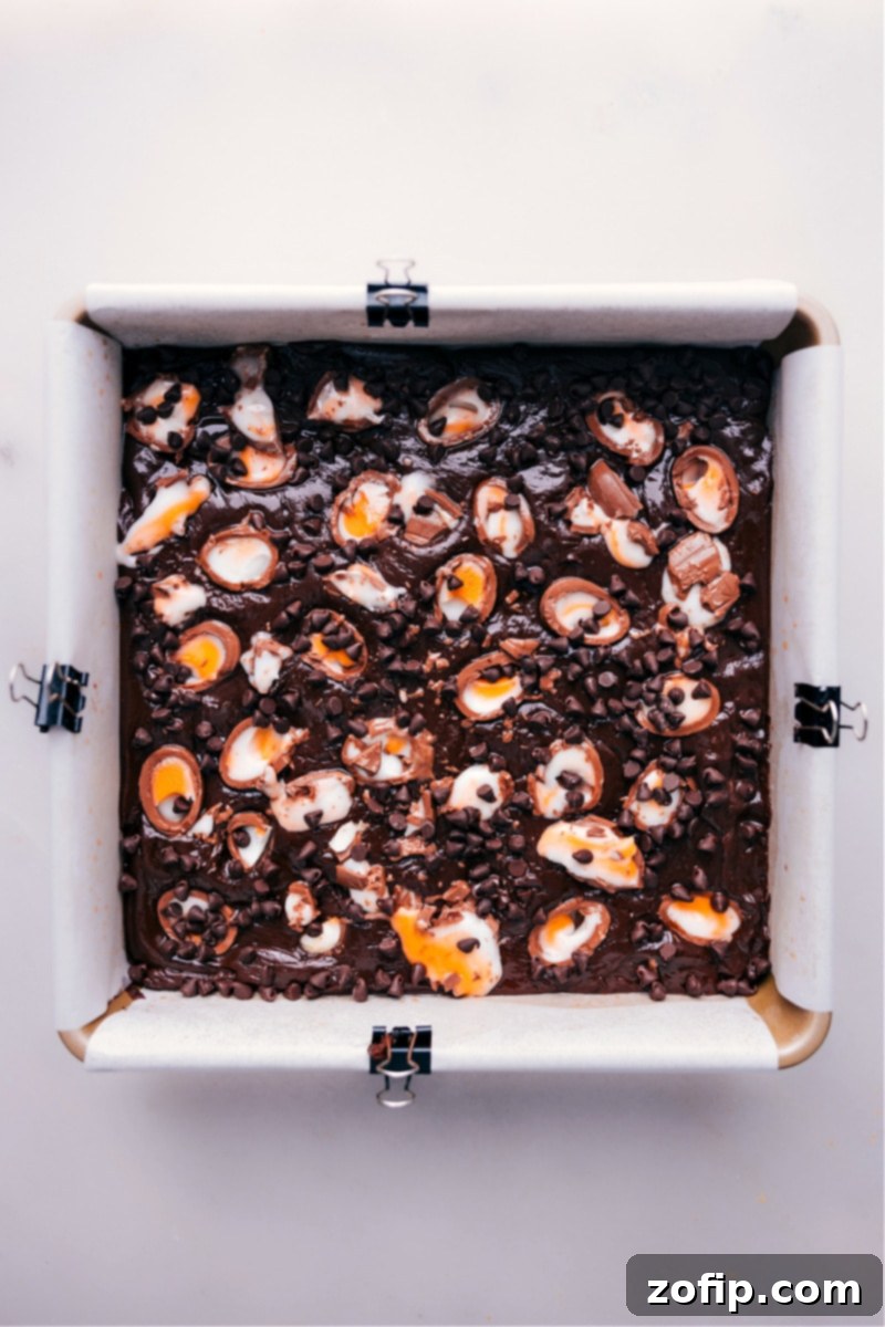 Up-close overhead image of the Easter Chocolate Egg Fudge all done, cut into squares, and ready to be enjoyed.