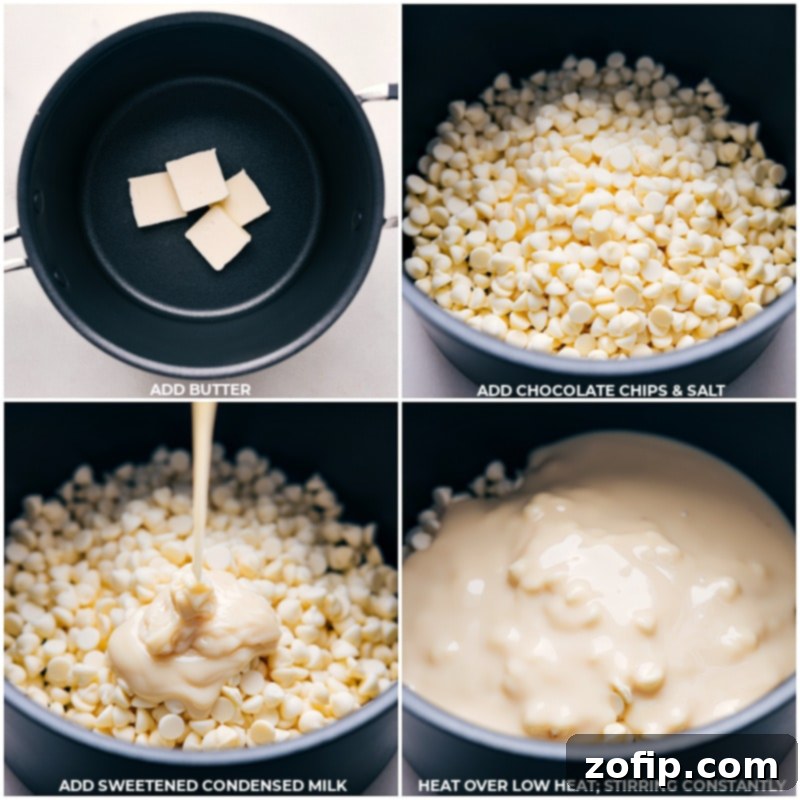 Process shot of key ingredients – butter cubes, white chocolate chips, a pinch of salt, and sweetened condensed milk – melting together in a nonstick pot over very low heat.