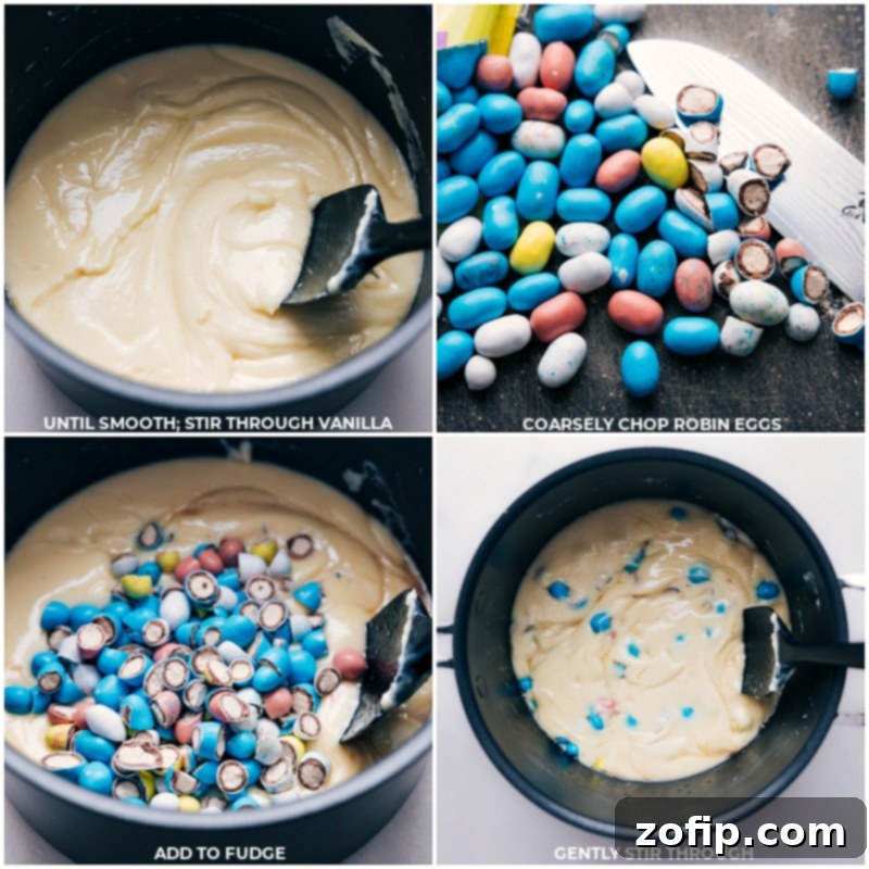 Process shots showing how to prepare Robin Eggs for fudge: first, the candies being coarsely chopped in a food processor, then the chopped pieces being stirred into the melted white chocolate fudge mixture.