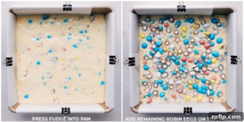 Process shots of Robin Egg Fudge: the creamy mixture being pressed evenly into a parchment-lined pan, followed by additional chopped Robin Eggs being gently pressed onto the surface for a beautiful, colorful topping.