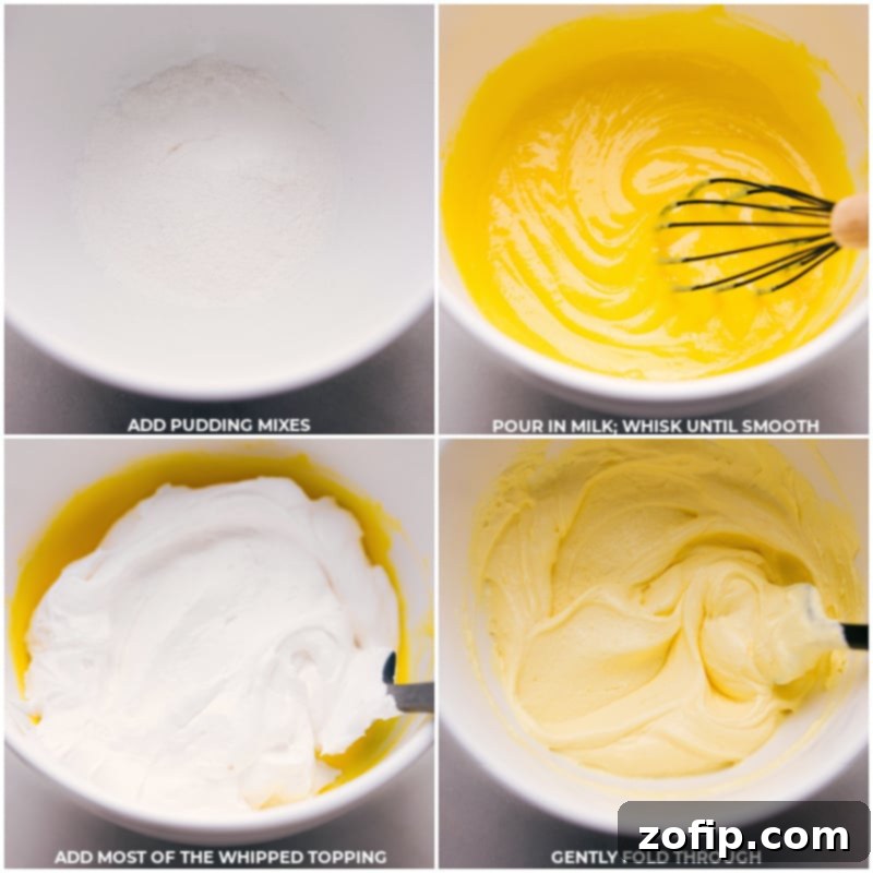 Process shot showing instant lemon pudding mix and whole milk being whisked together in a bowl, before the whipped topping is folded in.