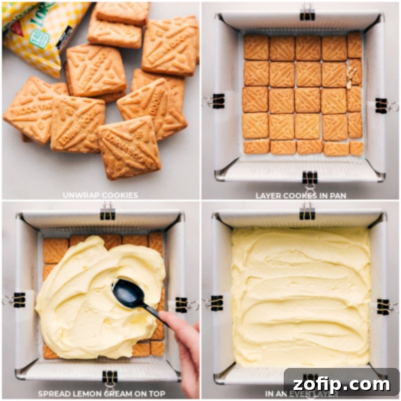 Process shots of layering Lemon Icebox Cake: unwrapped shortbread cookies placed in a pan, followed by a layer of creamy lemon pudding.