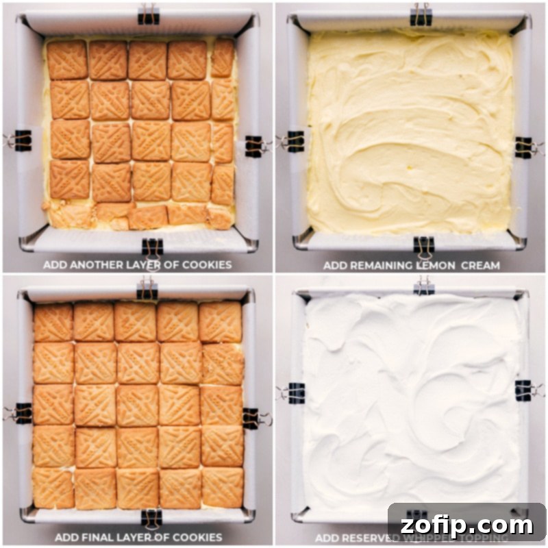 Process shots showing the final layers of Lemon Icebox Cake being added, with the top layer of whipped topping smoothed over the cookies.