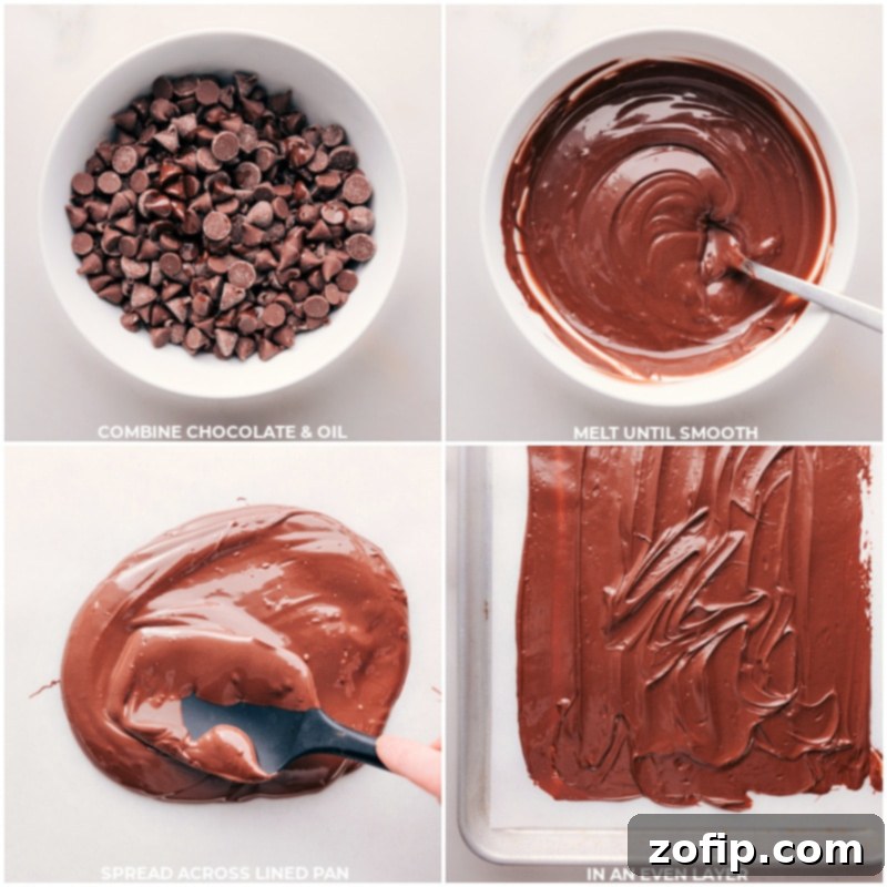 Hoppy Easter Snack Blend 3 Process images showing melted milk chocolate being spread thinly onto a parchment-lined baking sheet, preparing the base for the Easter Snack Mix.