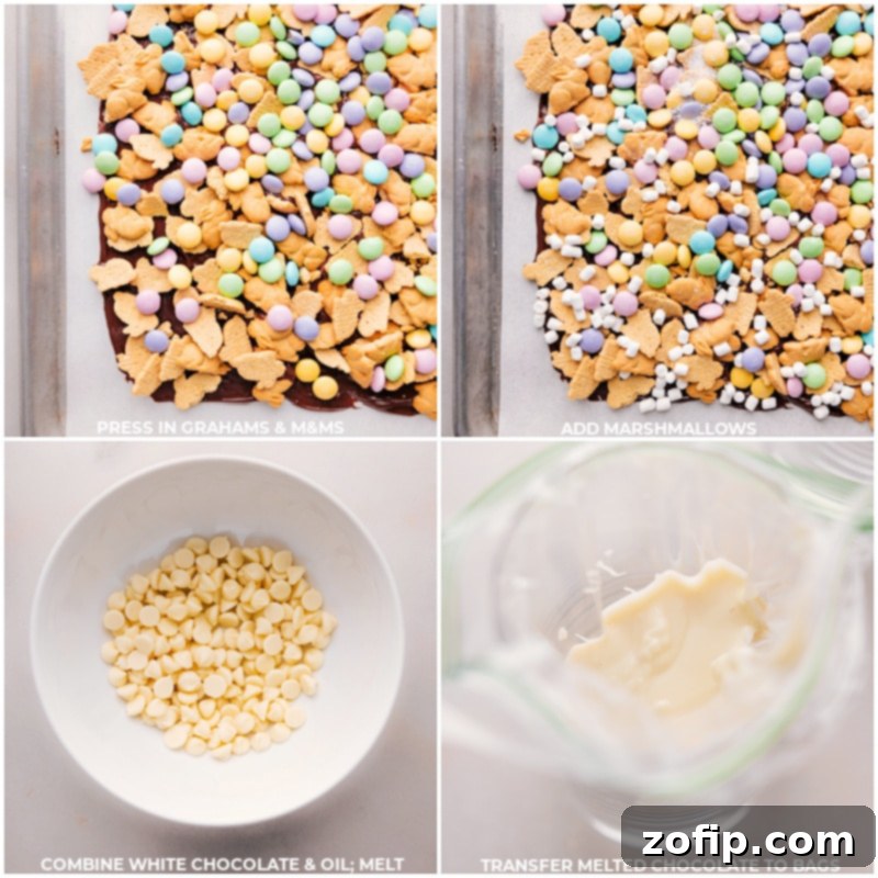 Hoppy Easter Snack Blend 4 Process shots of Easter Snack Mix showing bunny grahams, M&M's, and dehydrated marshmallows being scattered over the melted milk chocolate base, followed by a bowl of melted white chocolate ready for drizzling.