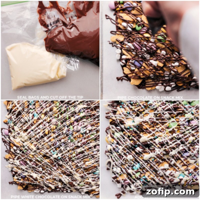 Hoppy Easter Snack Blend 5 Close-up process shot depicting the final stages of the Easter Snack Mix, with both milk and white chocolate being artfully drizzled over the colorful arrangement of bunny grahams, M&M's, and marshmallows.