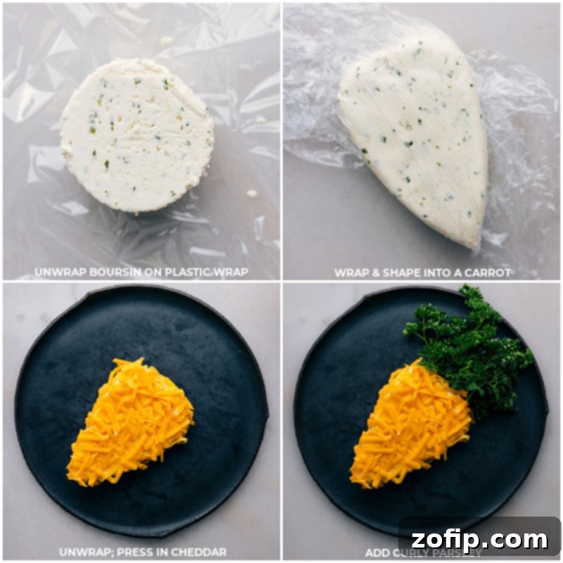 Detailed process shots demonstrating the creation of the Carrot Cheeseball: Boursin cheese being shaped, then rolled in grated sharp Cheddar, and finally adorned with curly parsley for a realistic green stem.