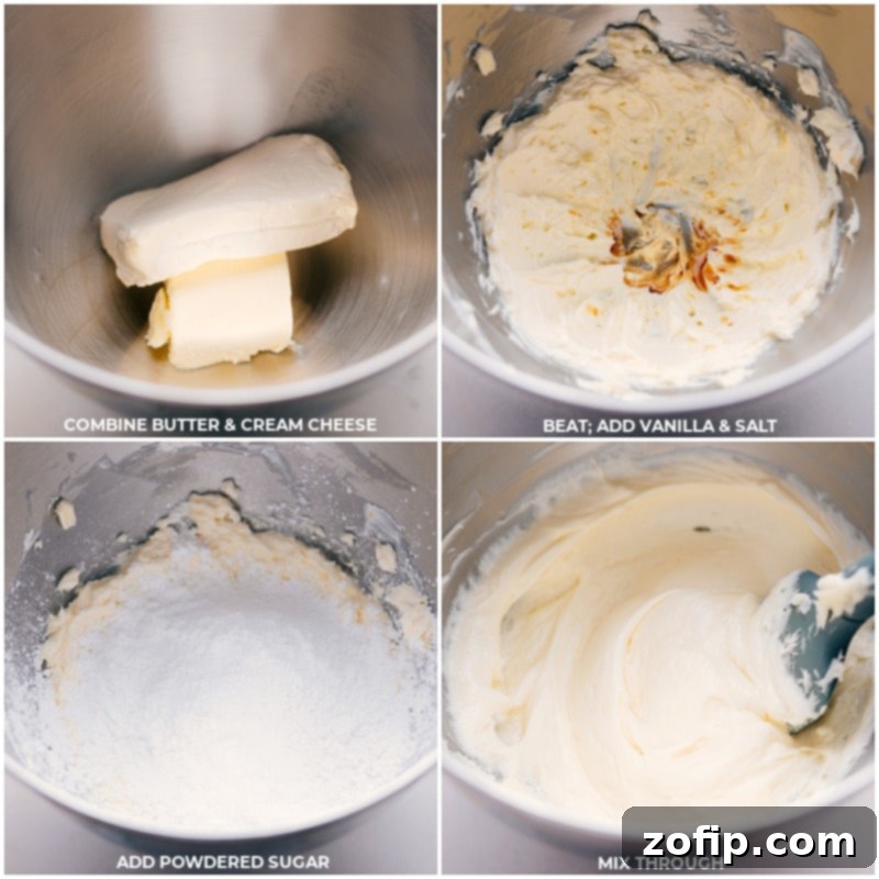 Process images showing the ingredients for cream cheese frosting - softened cream cheese, butter, powdered sugar, vanilla extract, and salt - being added to a stand mixer.