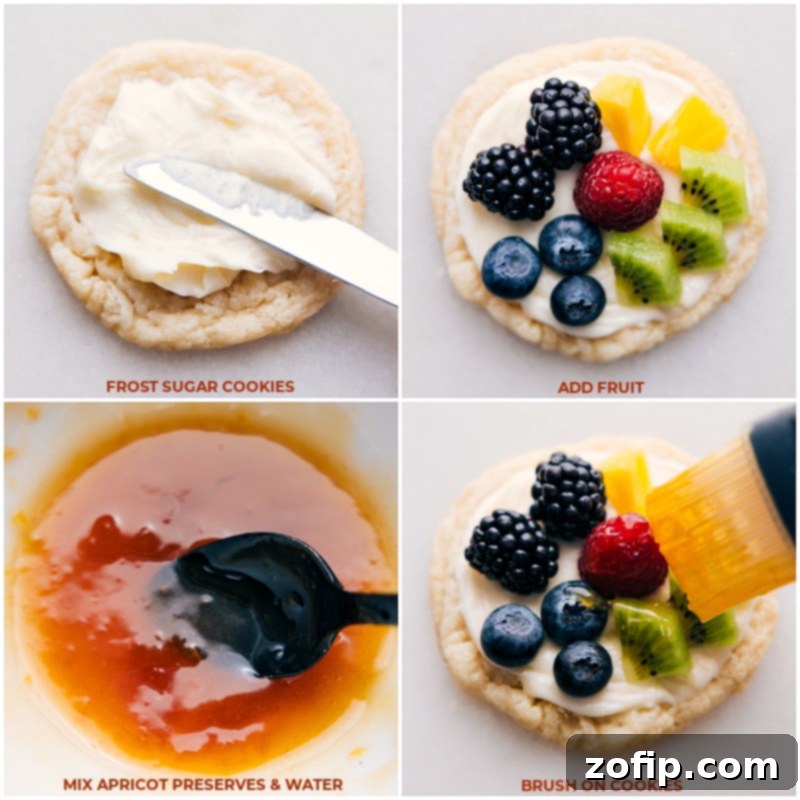 Process shots showing sugar cookies being frosted with white cream cheese frosting and then topped with a colorful assortment of fresh berries like strawberries, blueberries, and raspberries.