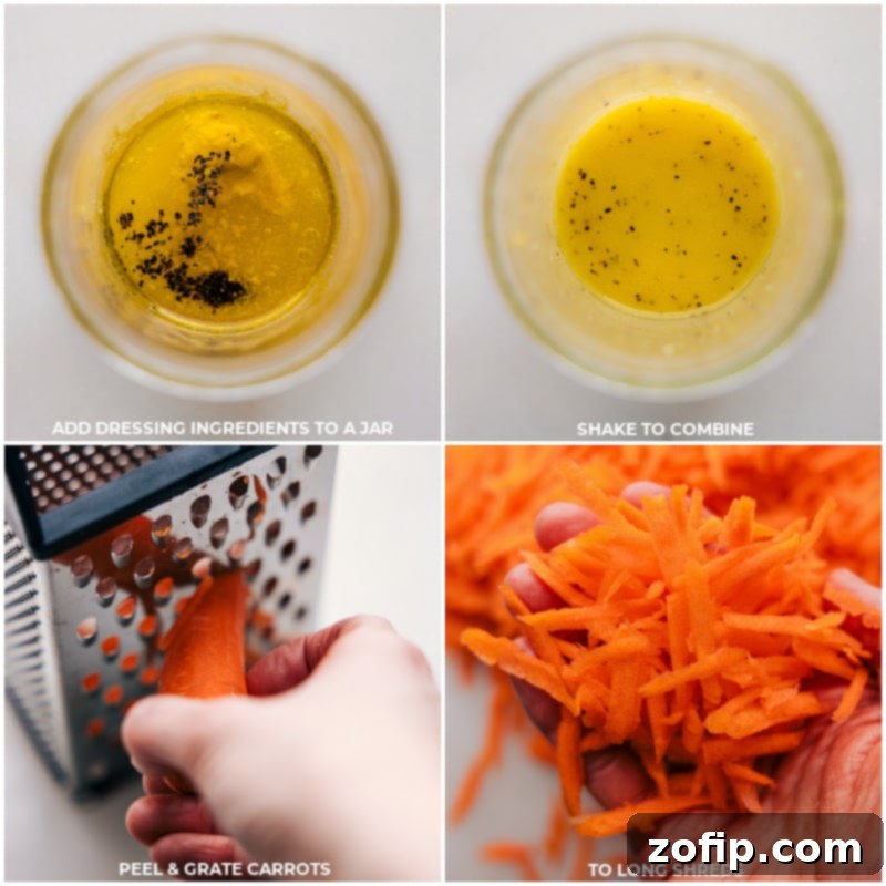 Process shots showing a lemon being zested and olive oil, honey, and Dijon mustard being mixed for the dressing.