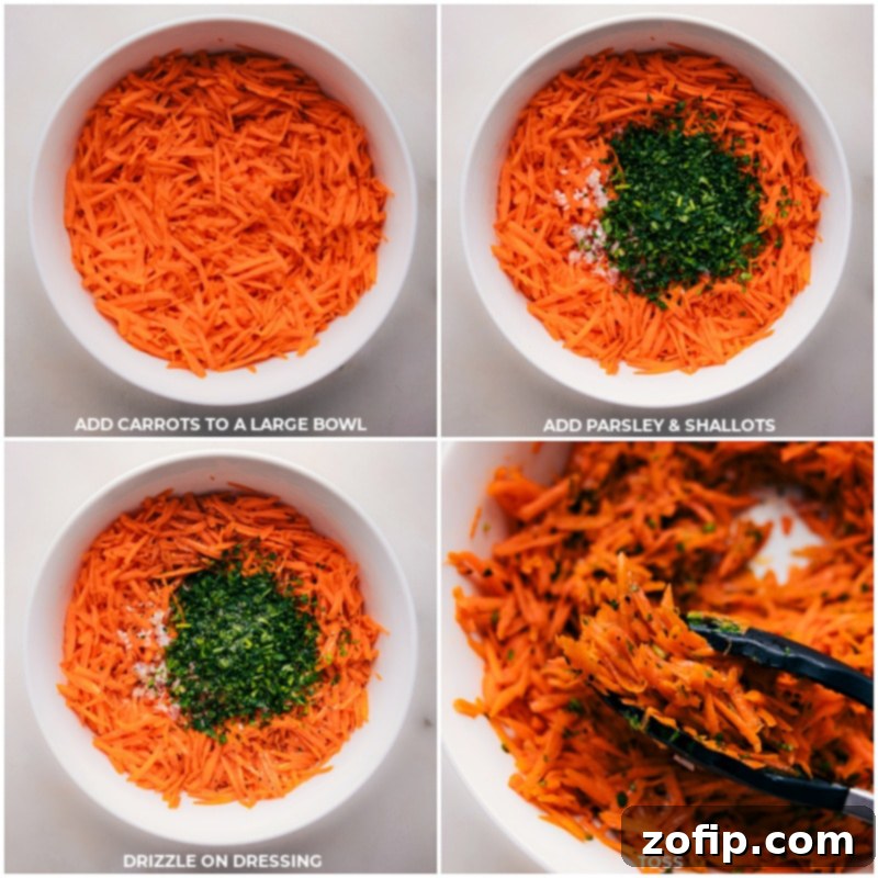 Process shots showing grated carrots, diced shallots, and chopped parsley in a bowl, with the lemon-Dijon dressing being drizzled over them.