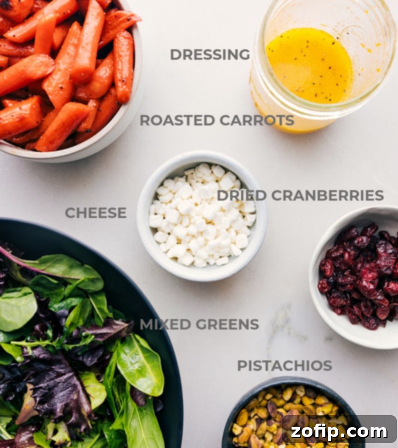 All the fresh ingredients for the roasted carrot salad beautifully prepped and arranged for easy assembly.