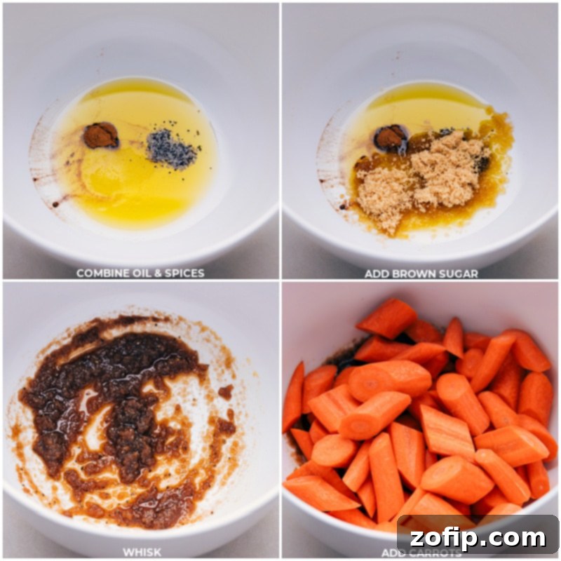A mix of spices, olive oil, and brown sugar being combined in a bowl, ready to coat the chopped carrots for the best roasted carrot salad.