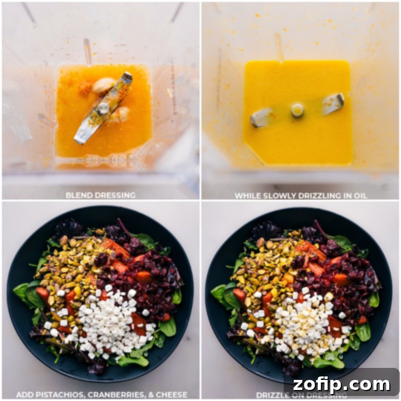 The vibrant citrus dressing being whisked to perfection, with the salad ingredients waiting to be combined for a delicious roasted carrot salad.