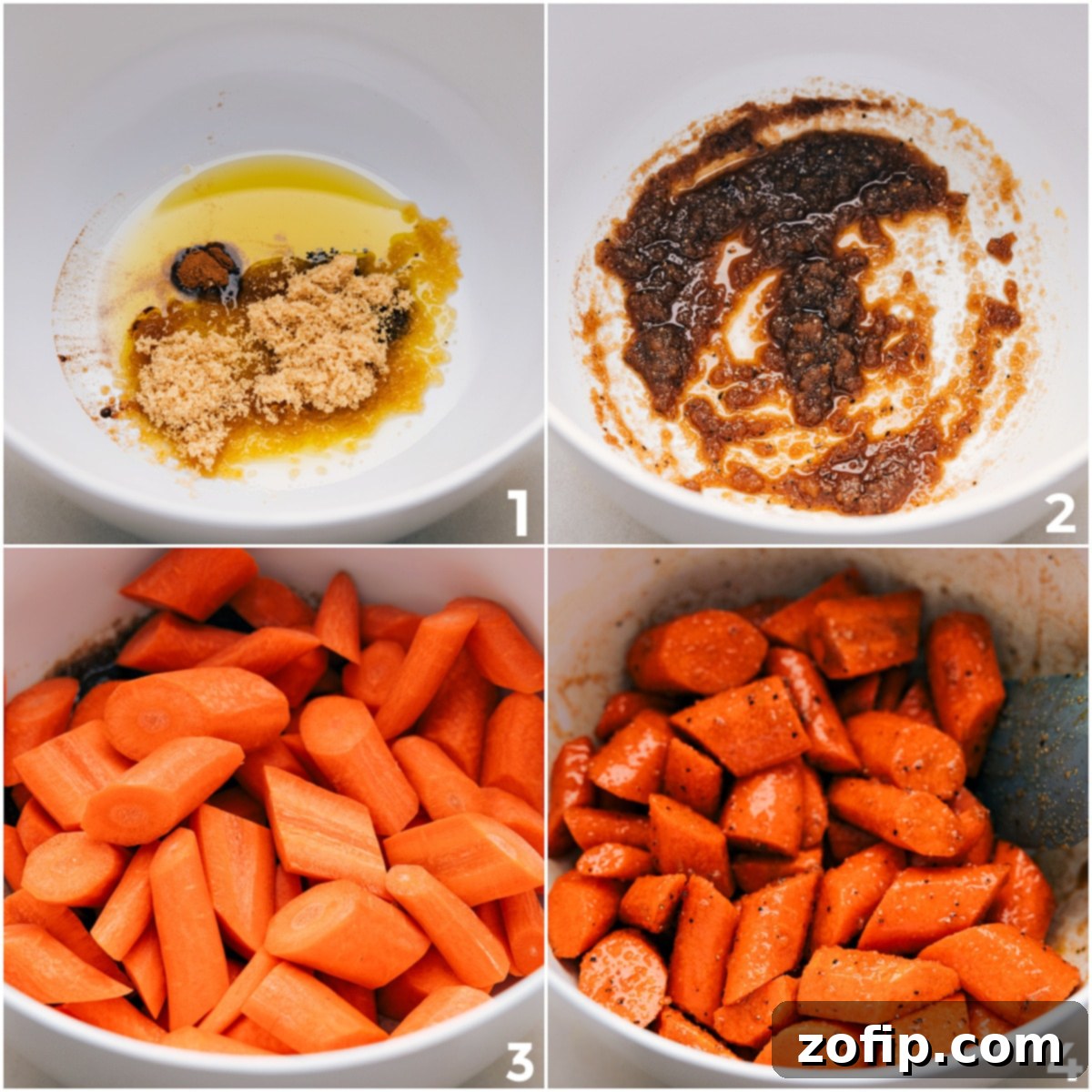 How To Make Brown Sugar Roasted Carrots: Coating for Flavor A bowl of peeled and sliced carrots coated with a mixture of olive oil, brown sugar, cinnamon, salt, and pepper, ready for roasting.