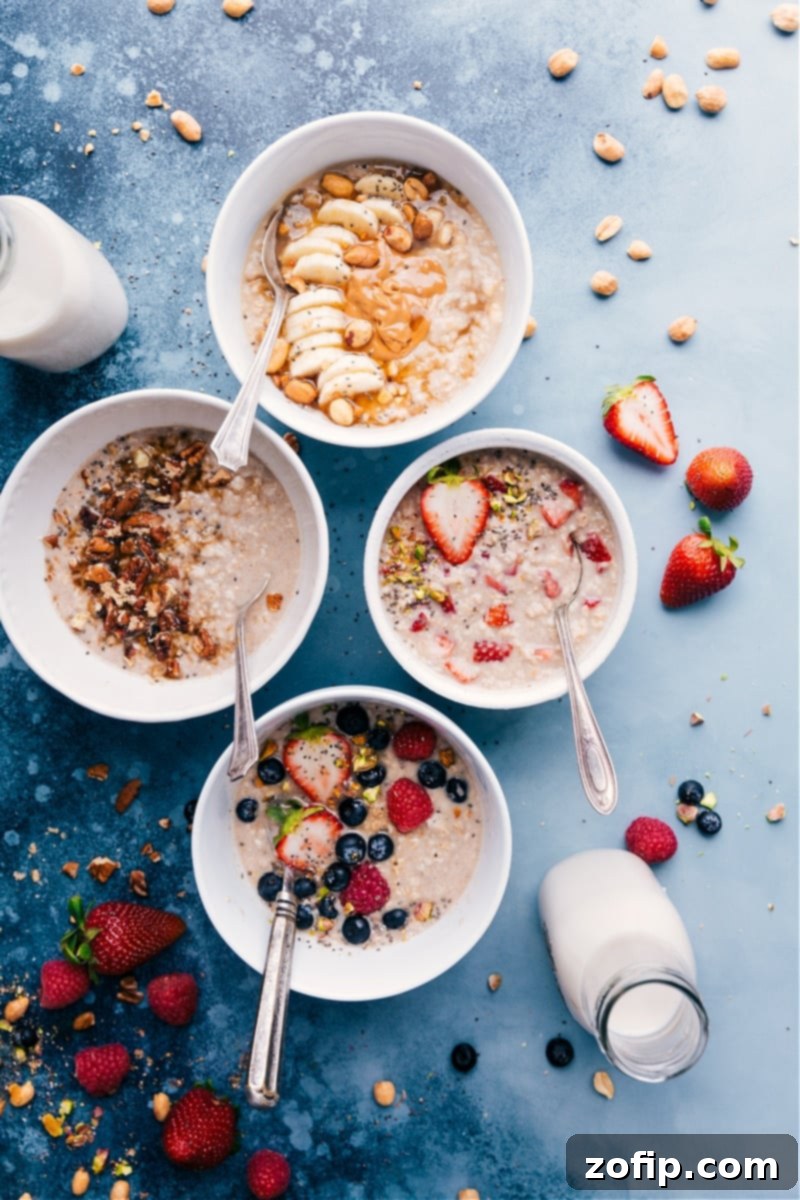 Four flavors of Microwave Oatmeal: Banana Peanut Butter, Strawberries and Cream, Maple Brown Sugar, and a base option.