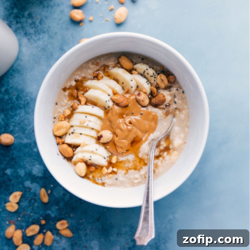 Creamy Peanut Butter Microwave Oats with banana slices.