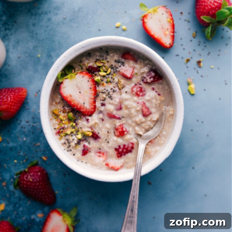 Strawberries and Cream Microwave Oatmeal with fresh berries.