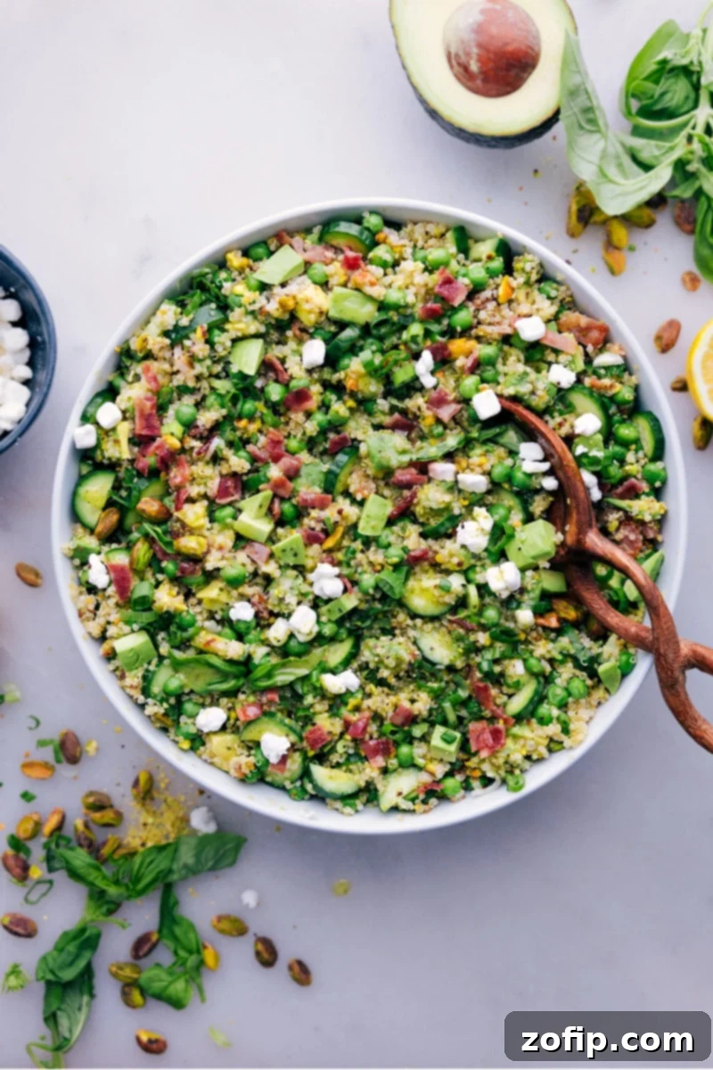 Overhead shot of a vibrant Herbalicious Quinoa Salad in a large serving bowl, garnished with fresh herbs and surrounded by ingredients.