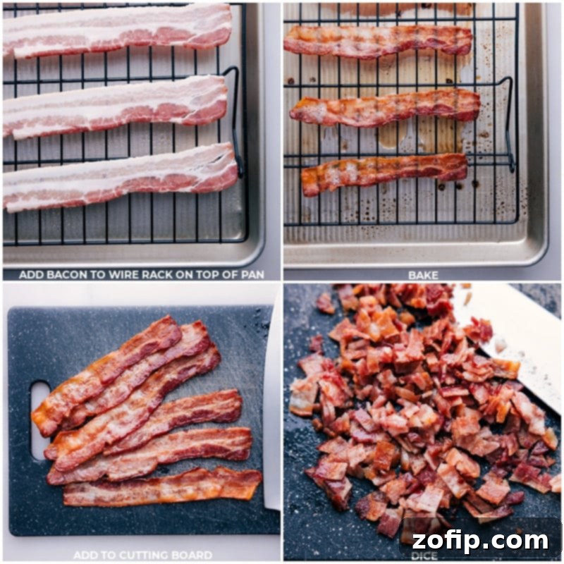 Process shots showing crispy bacon cooking on a baking sheet and then being chopped for the salad.