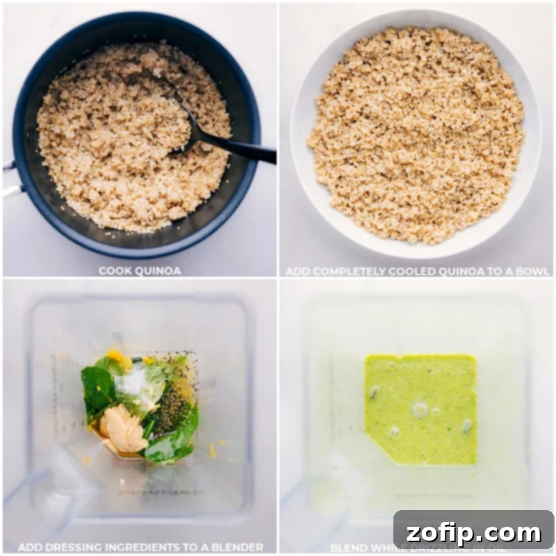 Process shots showing quinoa cooking in a pot and ingredients for the vibrant green dressing being blended.
